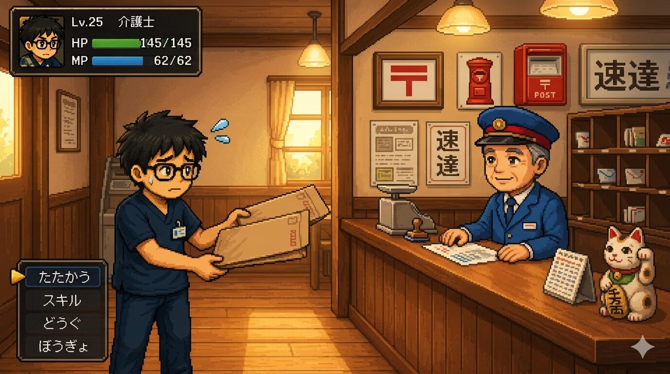 郵便局で手引きを取り寄せるシーン