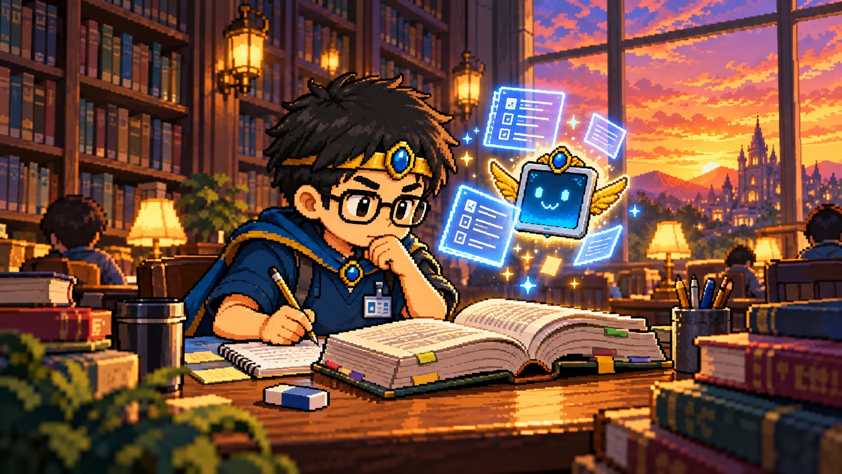 試験前日にAIとテキストで勉強するシーン