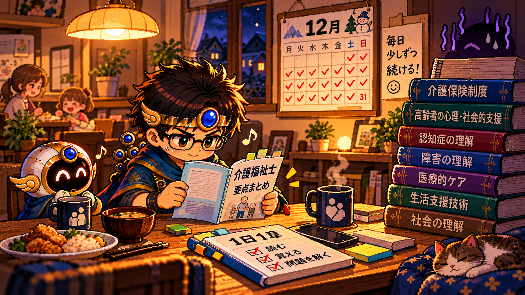 夕食後に薄いテキストを毎日読む介護士