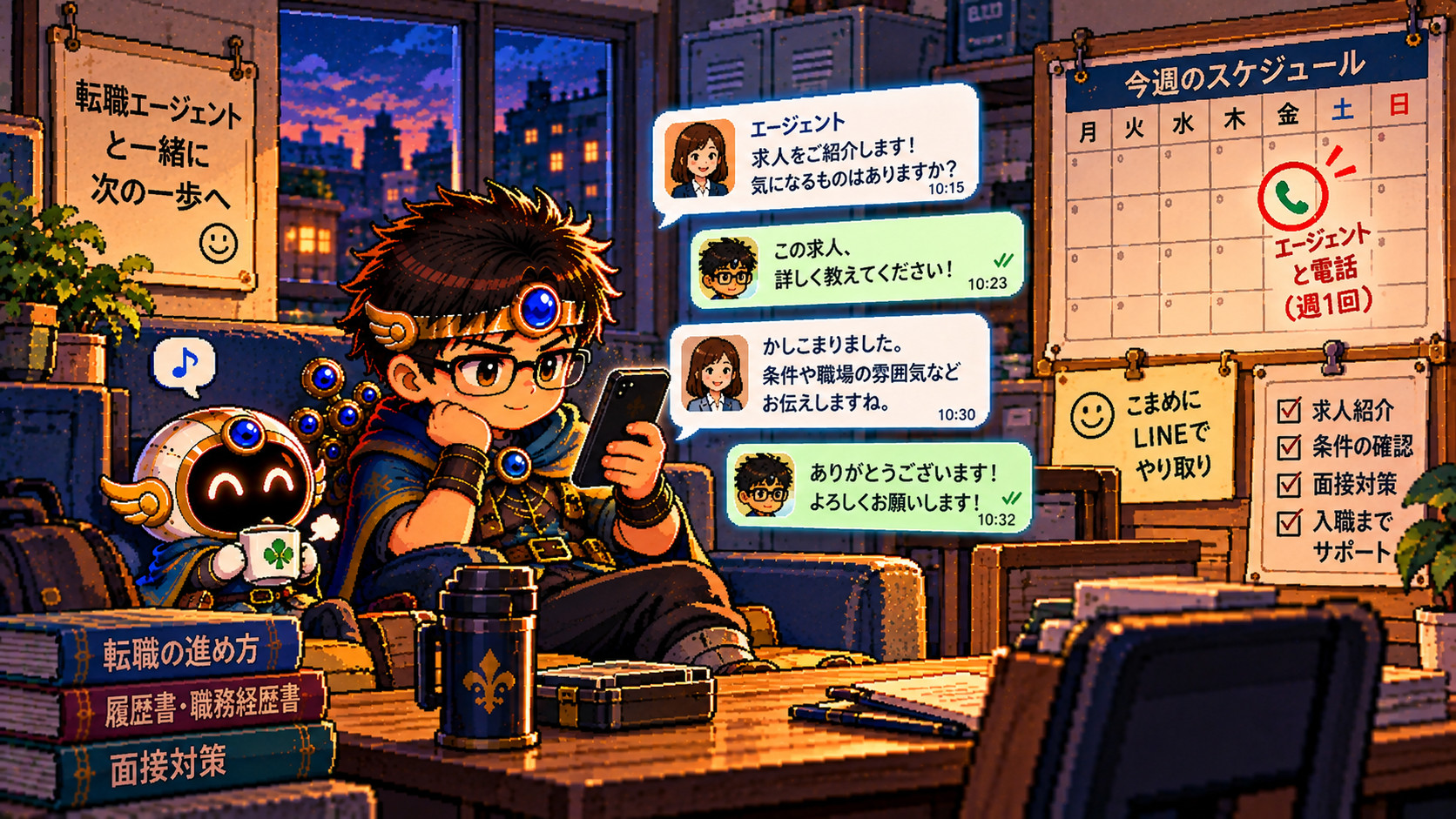 休憩室でエージェントとのLINEのやり取りを読む介護士